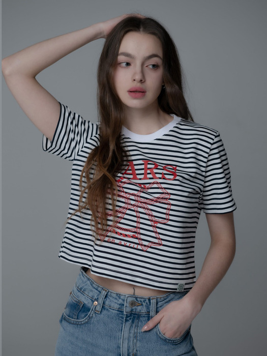 RIBBON CHAIN STRIPE CROP TSHIRT_NAVY RED