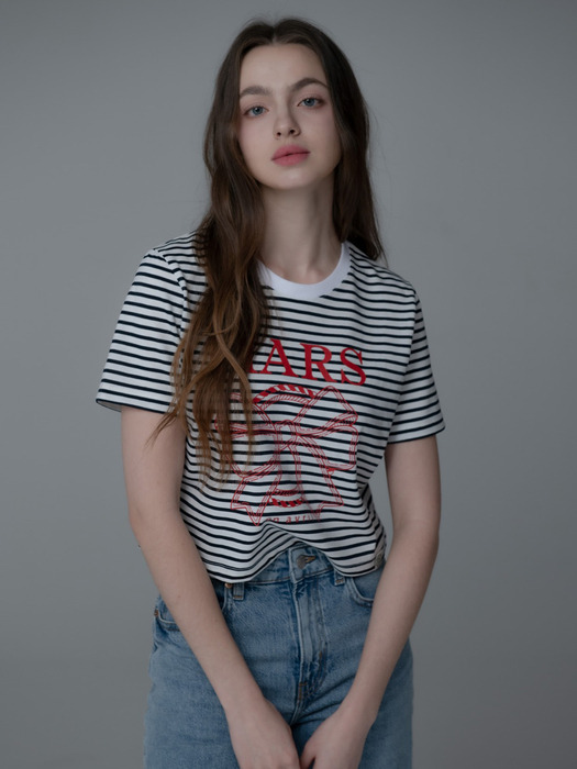 RIBBON CHAIN STRIPE CROP TSHIRT_NAVY RED