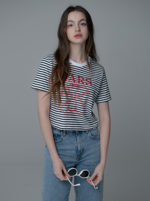 RIBBON CHAIN STRIPE CROP TSHIRT_NAVY RED