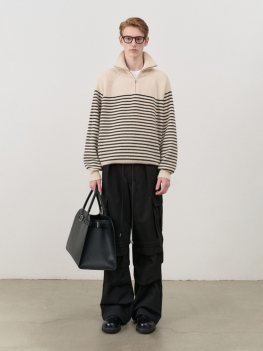 UNISEX STRIPED HALF ZIP-UP SWEATER CREAM / BLACK_M_UDSW4C103CR