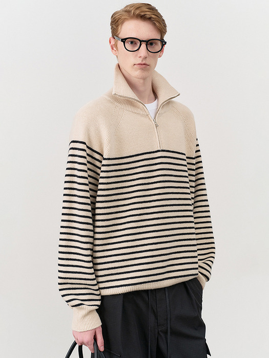 UNISEX STRIPED HALF ZIP-UP SWEATER CREAM / BLACK_M_UDSW4C103CR