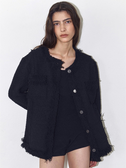 FRINGED TWEED JACKET, BLACK