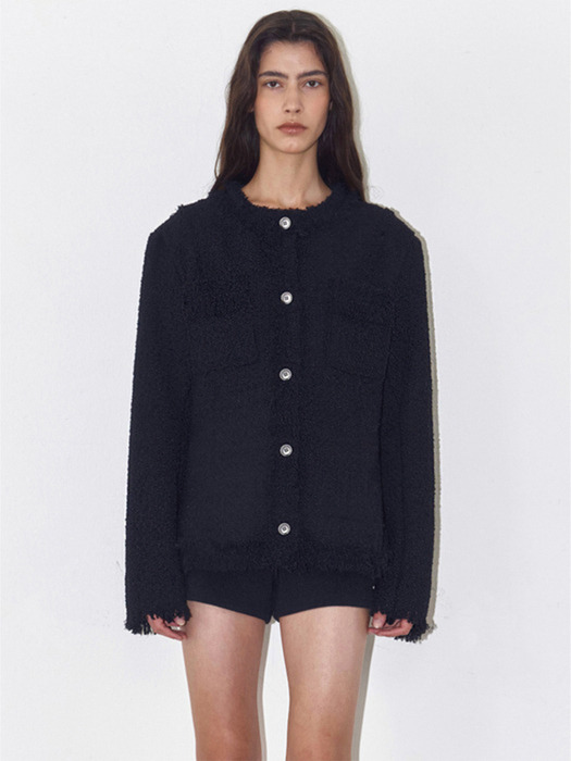 FRINGED TWEED JACKET, BLACK