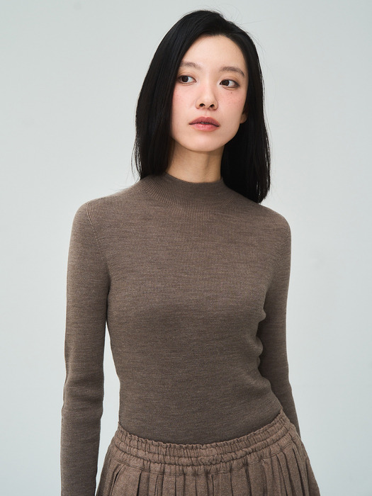 Half Turtleneck Ribbed Brown Knit