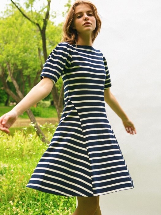 Striped boatneck dress, Navy