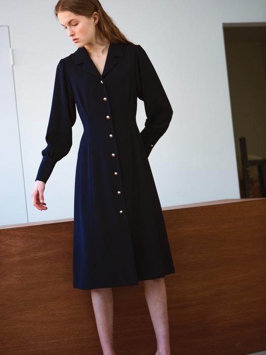 Pearl button flared dress, navy