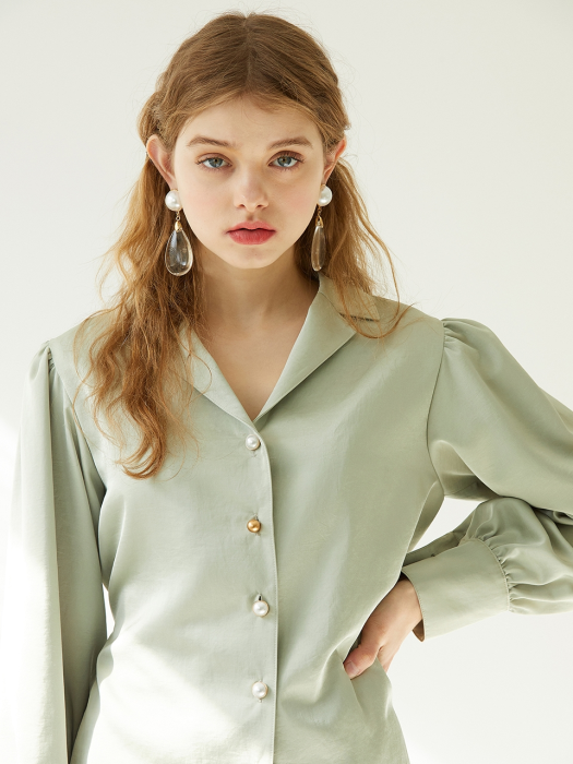 puff sleeve button p olive blouse