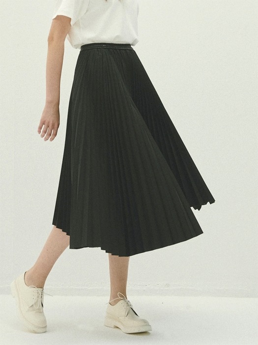 BLACK leather band unbalance pleats skirts(IB015)
