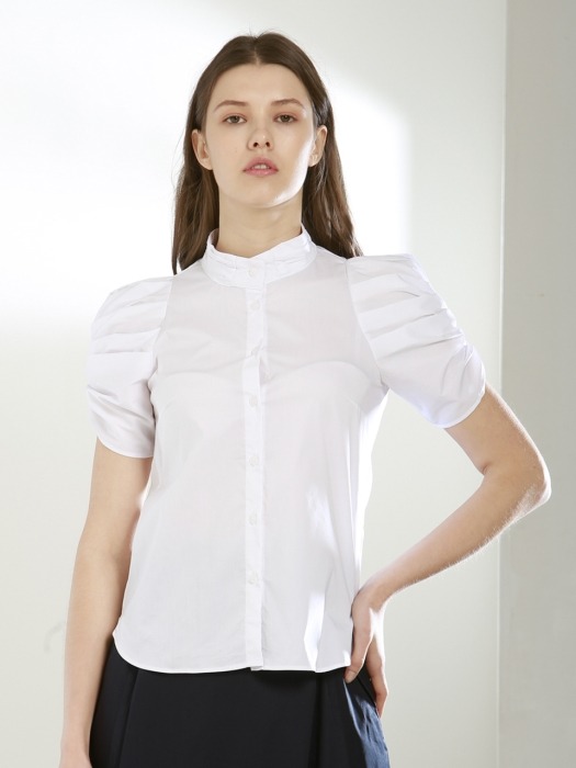 Slimfit Shirring Summer Half Sleeve shirt - White