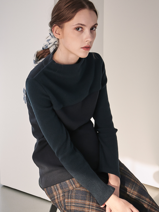 Rib Patched High-Neck Knit_Navy