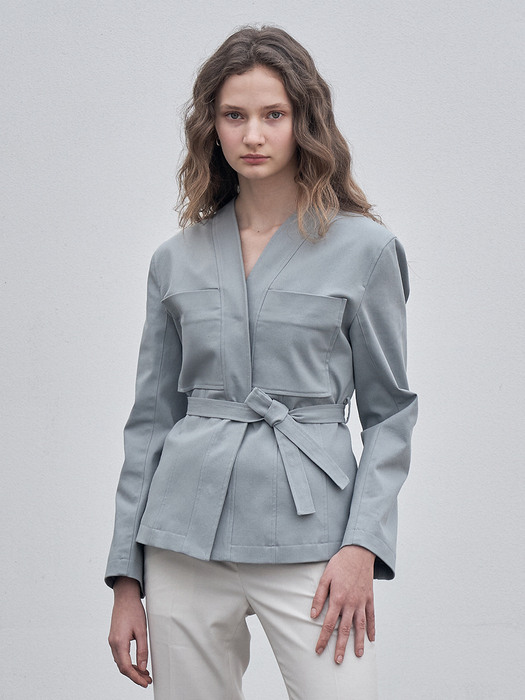 COLLARLESS BELT JACKET [MINT GREY]