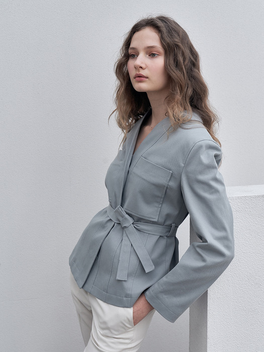 COLLARLESS BELT JACKET [MINT GREY]