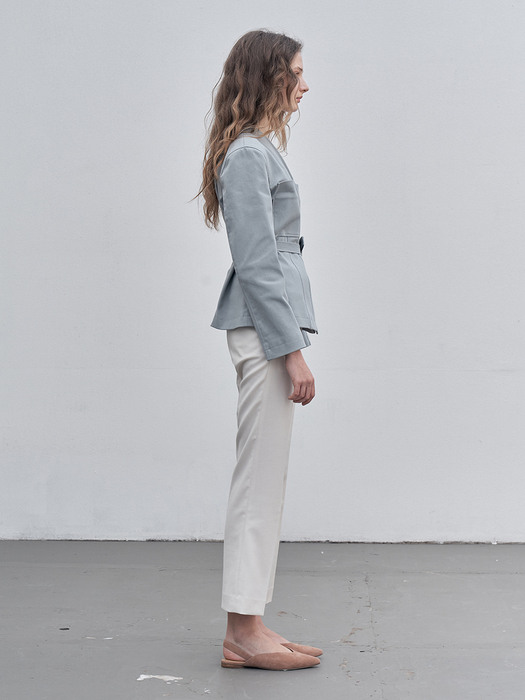 COLLARLESS BELT JACKET [MINT GREY]