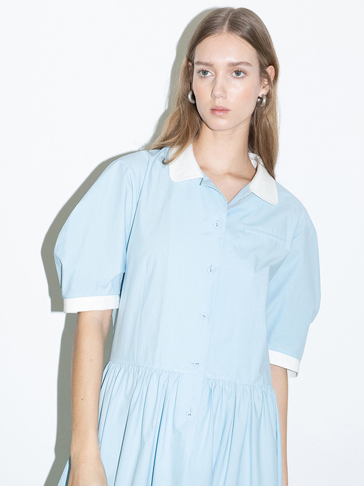 [20SS] MELROSE round collar over sized shirt dress (Sky blue/Candy pink)