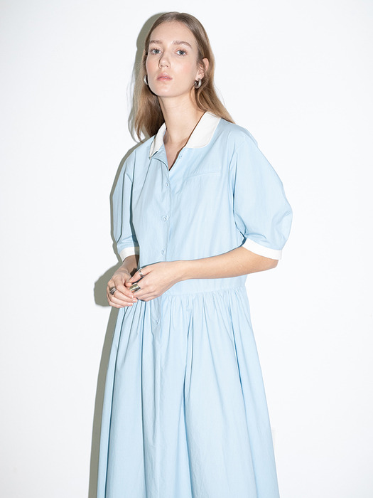 [20SS] MELROSE round collar over sized shirt dress (Sky blue/Candy pink)