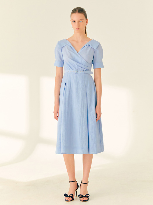 ELLIE V-neck short sleeve shirred shirt dress (Light Blue/Off white)