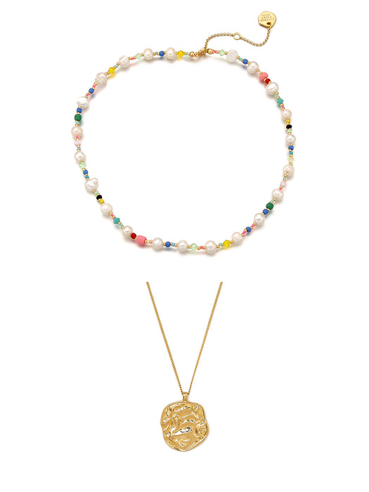 [SET] Pearl n Crystal Beads Necklace+ Rough Round Painting Necklace