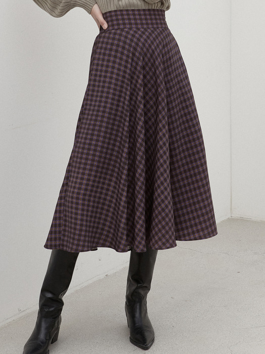 iuw826 two tone check flare skirt (purple)