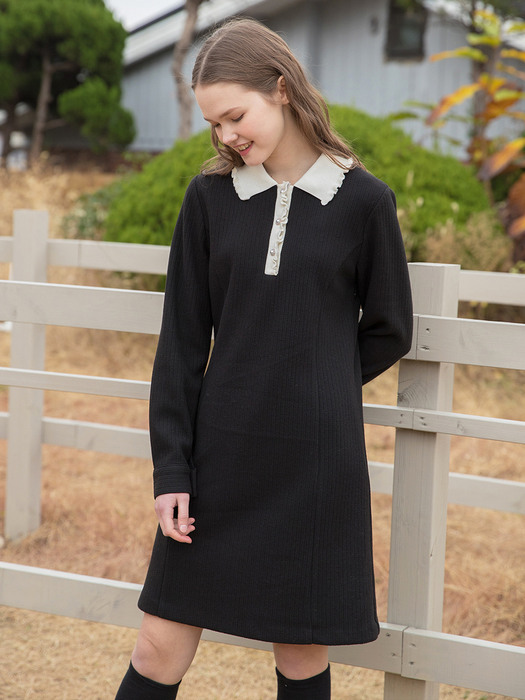 Frill Knit Collar Dress Black