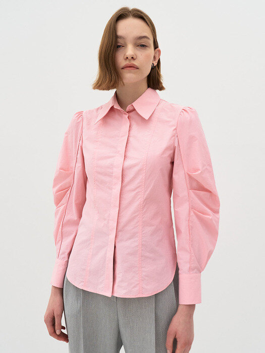 5P Tuck Sleeve Cotton Blend Shirt -  Pink 