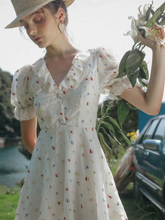 V-neck embroidery floral puff sleeve dress