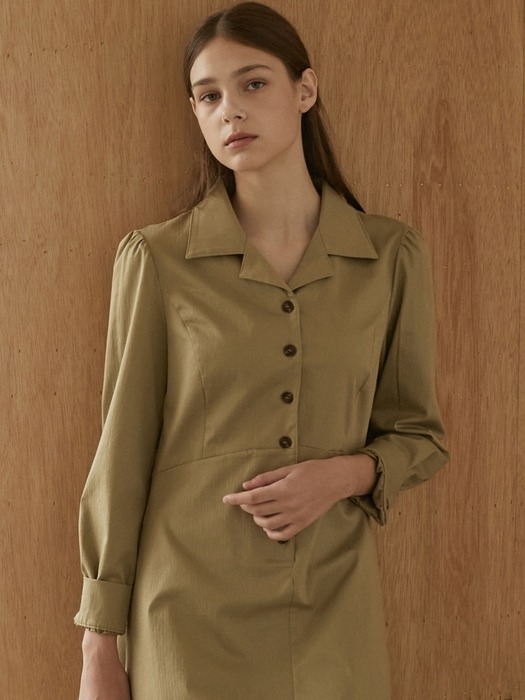 Herringbone Shirring Button Dress - Olive