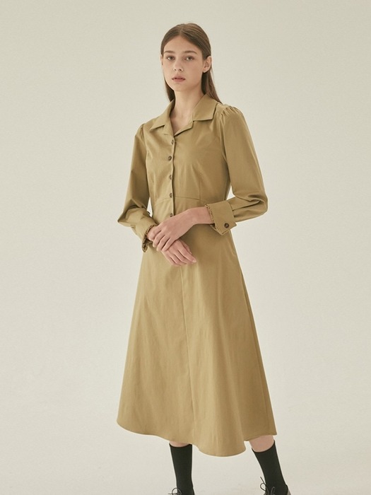 Herringbone Shirring Button Dress - Olive