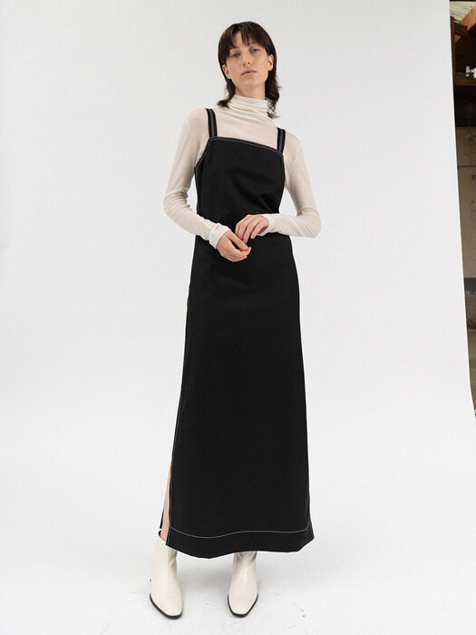 wool stitch slit long onepiece (black)