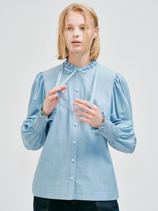 smocking ribbon blouse - blue