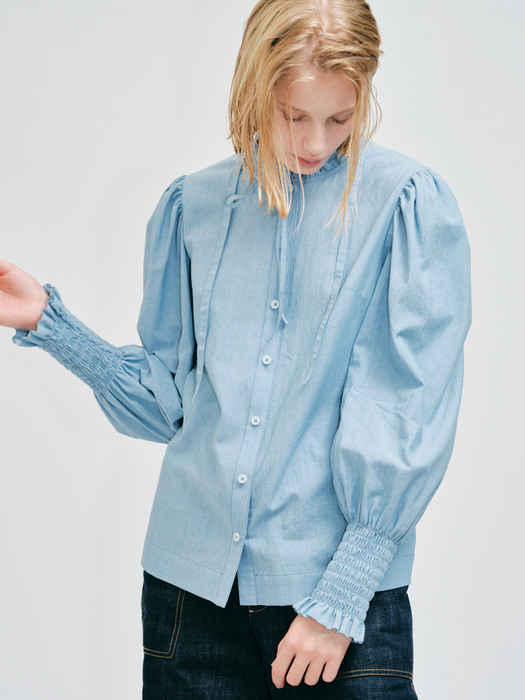 smocking ribbon blouse - blue