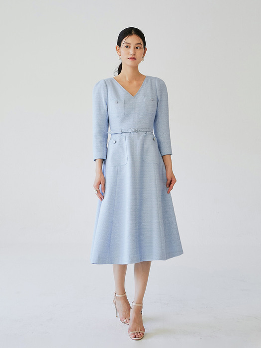 ULANNI V neck A-line tweed dress (Light blue/Light mint)