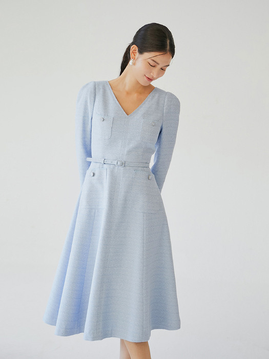 ULANNI V neck A-line tweed dress (Light blue/Light mint)