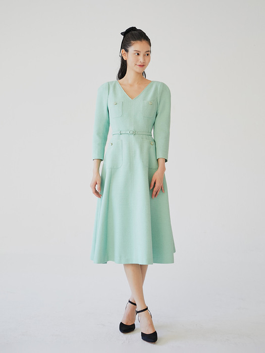 [미전시]ULANNI V neck A-line tweed dress (Light blue/Light mint)