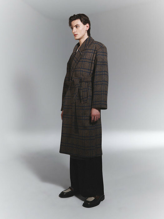 Wool Blended Check Double Robe Coat