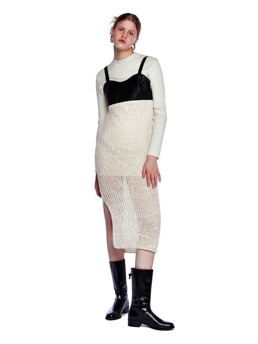 LEATHER MIXED KNIT ONEPIECE [IVORY]