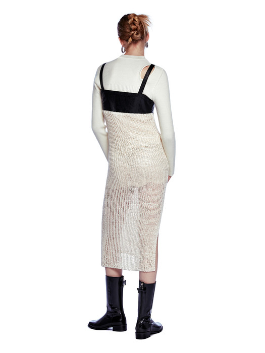 LEATHER MIXED KNIT ONEPIECE [IVORY]