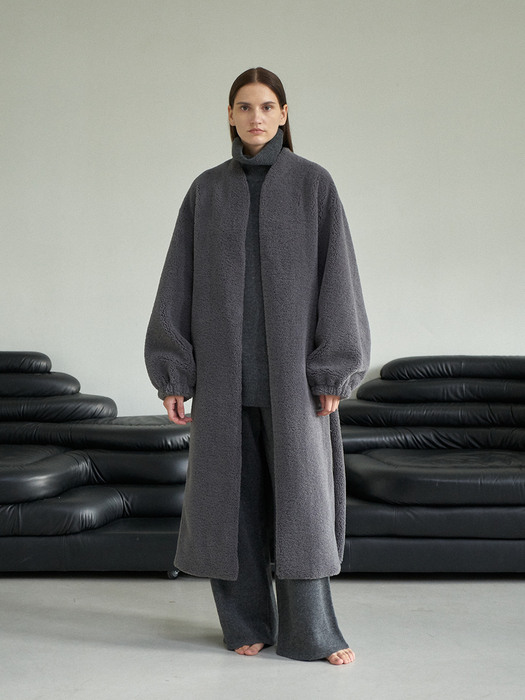 Eco fur nocollar robe coat 에코 퍼 노카라 로브 코트 dark grey