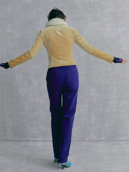 Curved Waistband Purple Denim Pants [PURPLE]