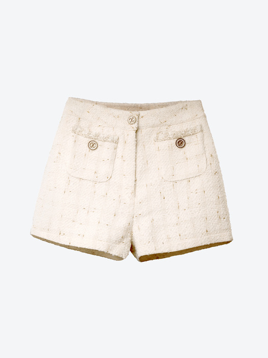 Metallic-Button Boucle Tweed Shorts(White)_UWS-FP03