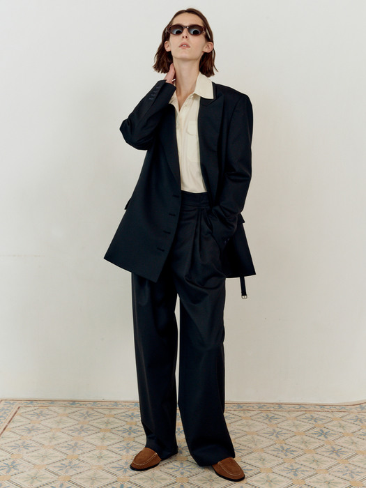 TWO TUCK WIDE WOOL PANTS - BLACK