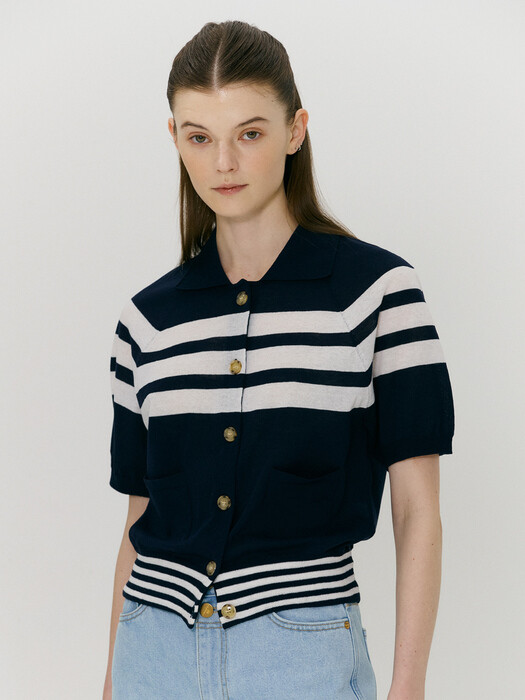 STRIPE COLLAR OPEN CARDIGAN DARK NAVY (AESW2E002N3)