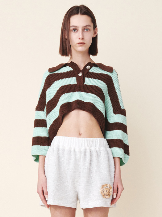 Crop Pique Knit Brown Mint Stripe