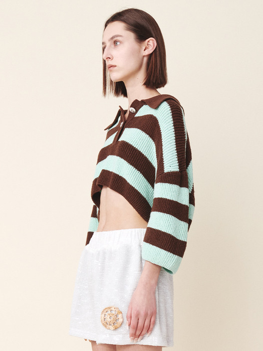 Crop Pique Knit Brown Mint Stripe