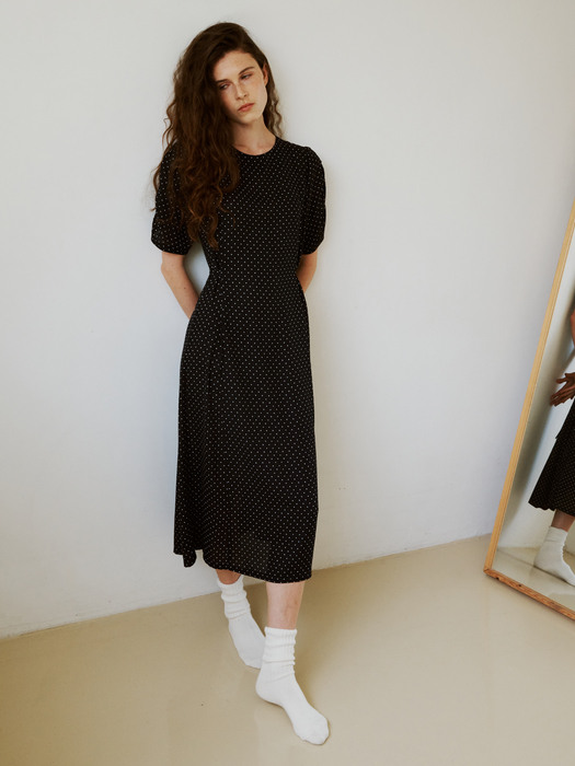 Shirring Sleeve Dot Dress