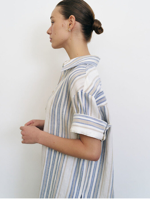 Linen-blend Oversize Stripe Shirt (Blue)