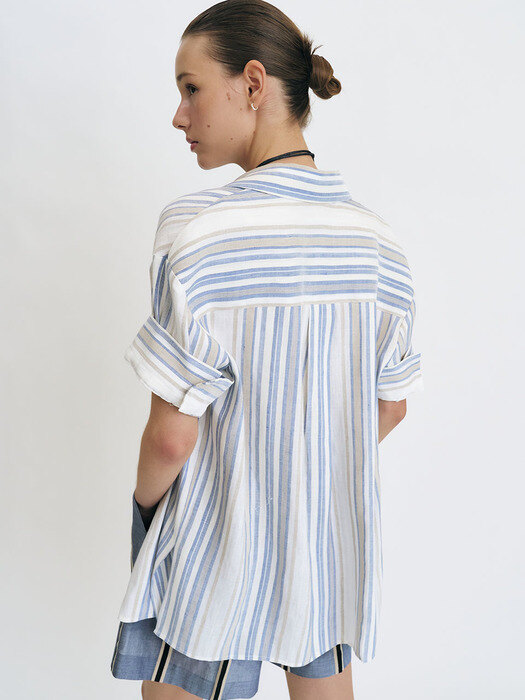 Linen-blend Oversize Stripe Shirt (Blue)