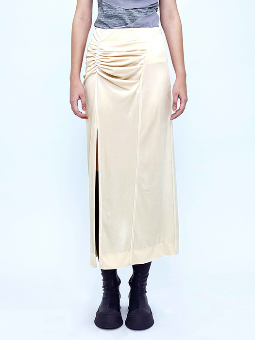 Velvet Draped Slit Long Skirt _ Cream