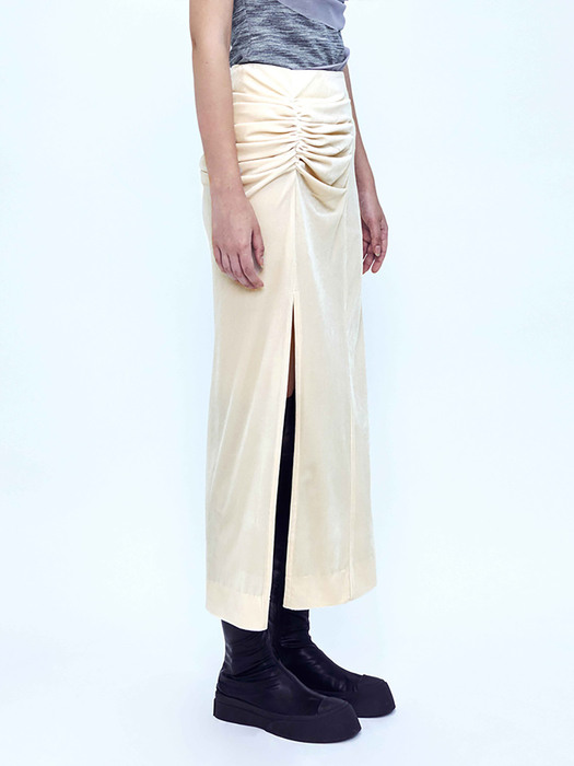 Velvet Draped Slit Long Skirt _ Cream