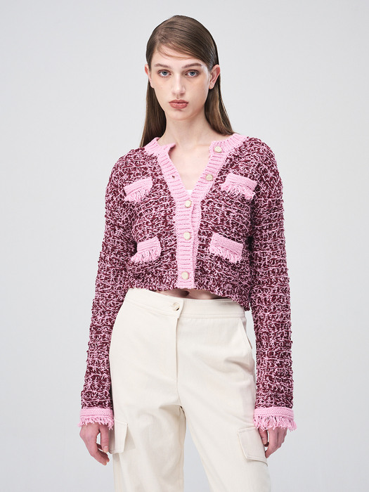 Mix Tweed Fringe Knit Cardigan, Pink