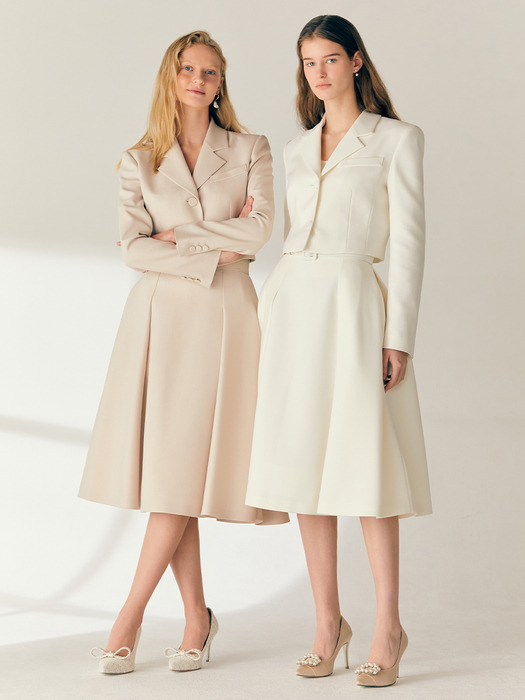 [SET]ARIANA Notched collar tailored cropped jacket + MARISSA Tuck detailed midi skirt (Cream/Light beige)
